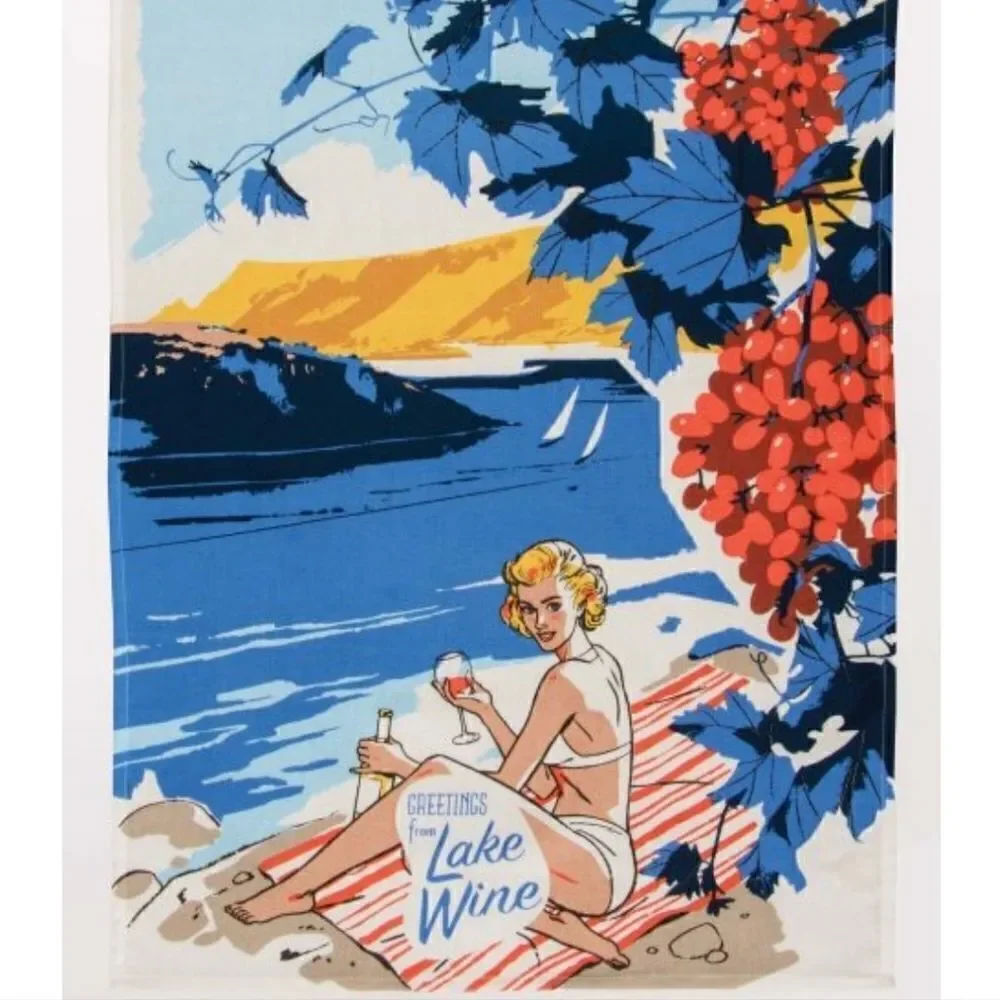 New Blue Q Dish Towel Greetings Lake Wine Blue